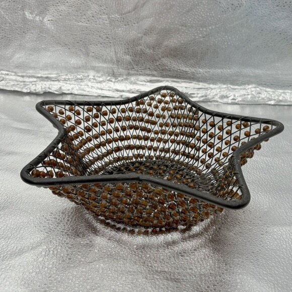 Christmas Star Basket Black Metal Wire Brown Beaded Bread Bowl Centerpiece Boho - Picture 1 of 9